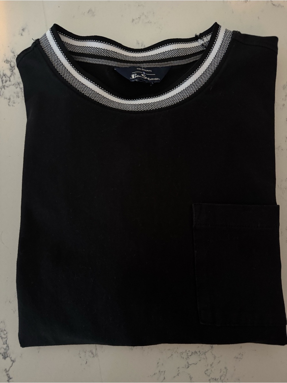 Ben Sherman Black Short-Sleeve Crewneck Tee with Striped Collar